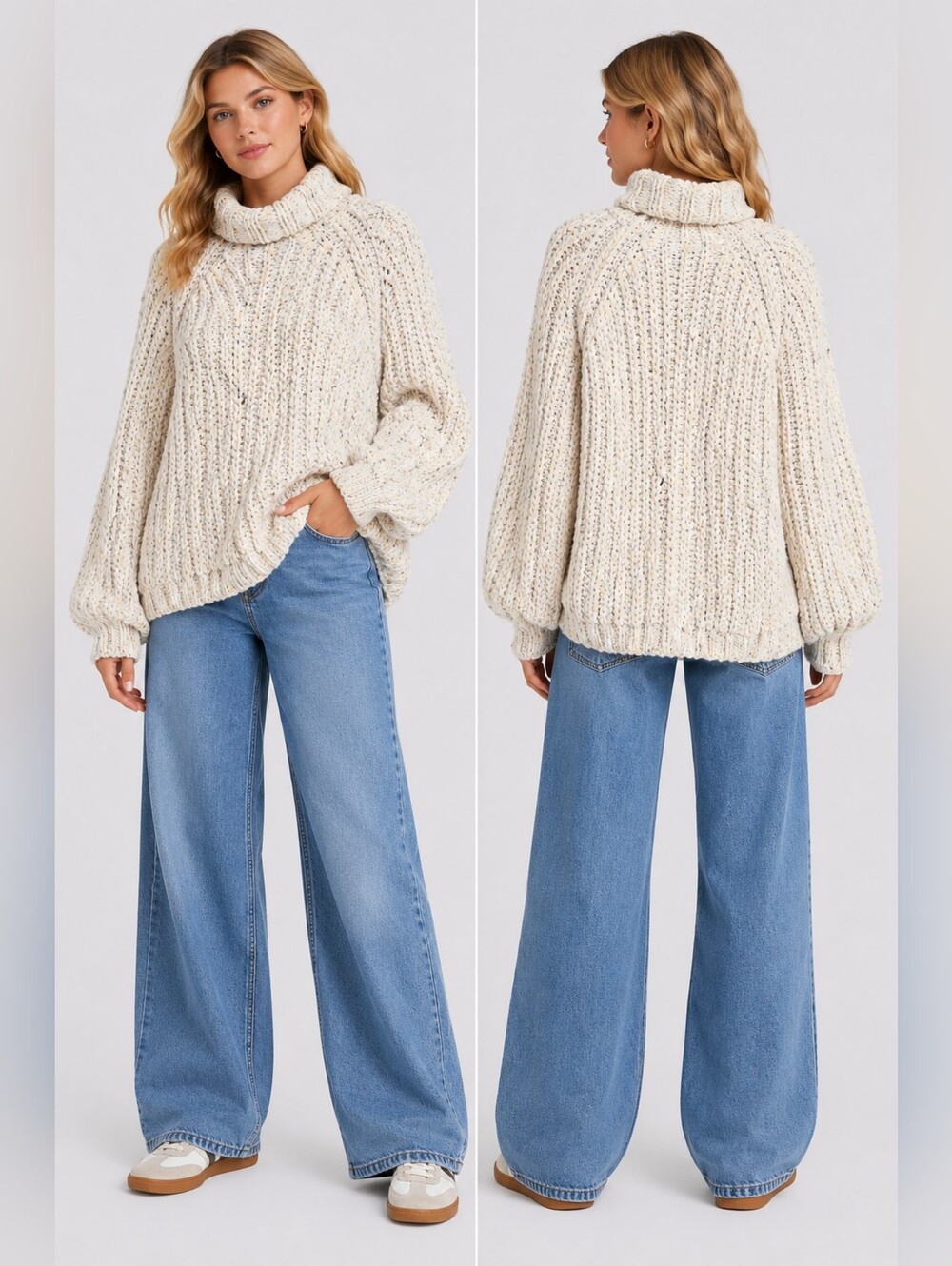 POL Cozy Chunky Knit Turtleneck Sweater White Oatmeal Cable Knit | Soft & Warm